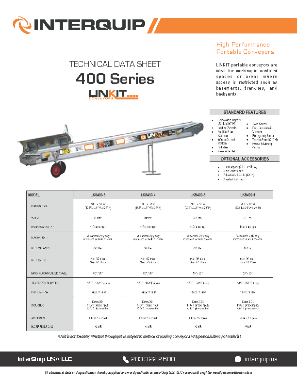 LINKIT LKS400 Portable Conveyor Spec Sheet