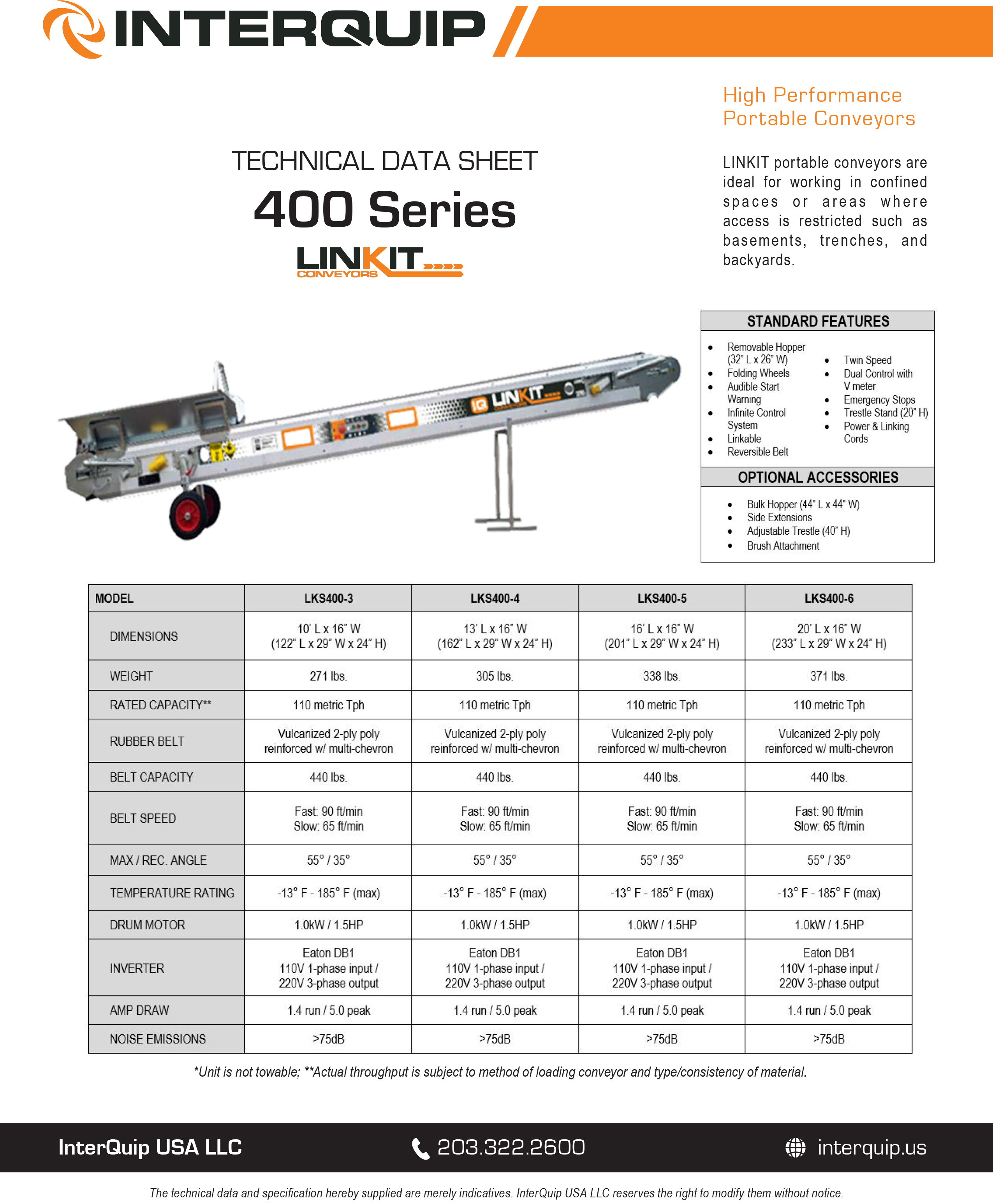 LINKIT LKS400 Portable Conveyor Spec Sheet